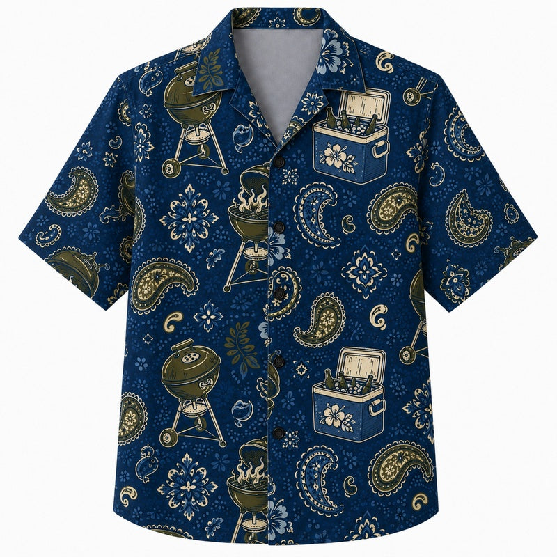Labor Day Hawaiian Shirt- Bandana Grill Paisley Print for Summer