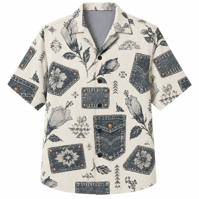 Labor Day Hawaiian Shirt - Bandana Patch & Leaf Stamp Print for Men