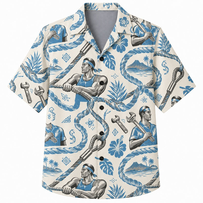 Labor Day Hawaiian Shirt - Blue Worker & Wrench Sketch Print for Men