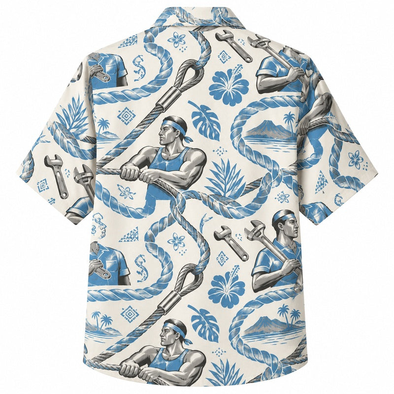 Labor Day Hawaiian Shirt - Blue Worker & Wrench Sketch Print for Men