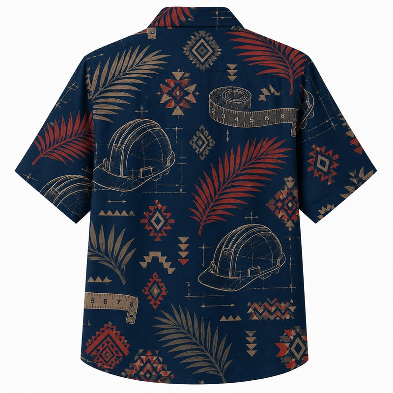 Labor Day Hawaiian Shirt- Blueprint Hard Hat Print for the Long Weekend