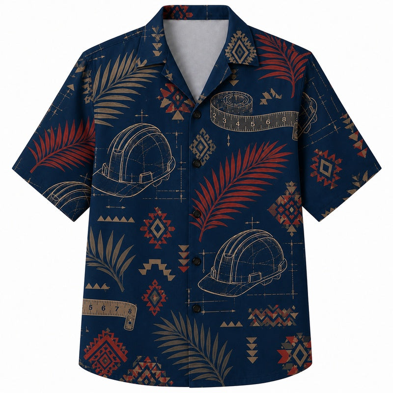 Labor Day Hawaiian Shirt- Blueprint Hard Hat Print for the Long Weekend