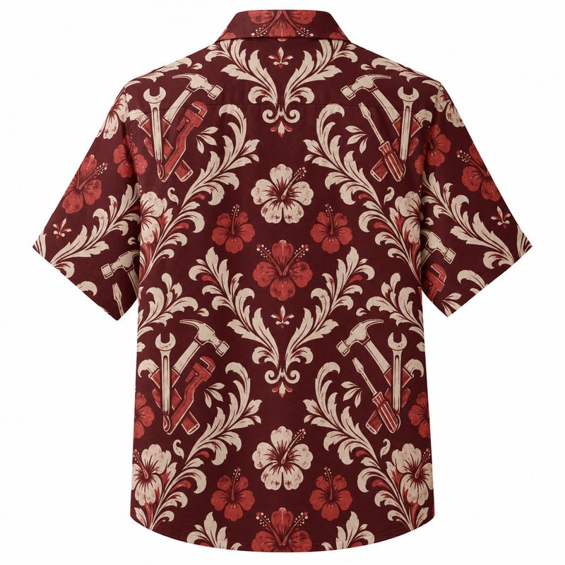 Labor Day Hawaiian Shirt- Burgundy Damask Tool Print for the Weekend