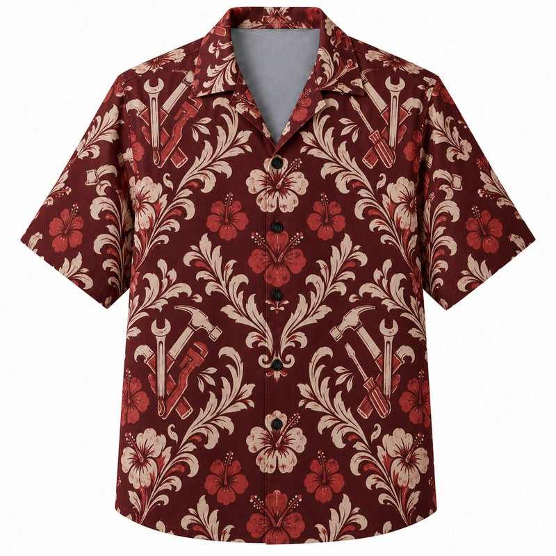 Labor Day Hawaiian Shirt- Burgundy Damask Tool Print for the Weekend