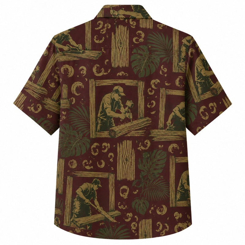 Labor Day Hawaiian Shirt- Carpenter at Work Panel Print for Everyday Wear