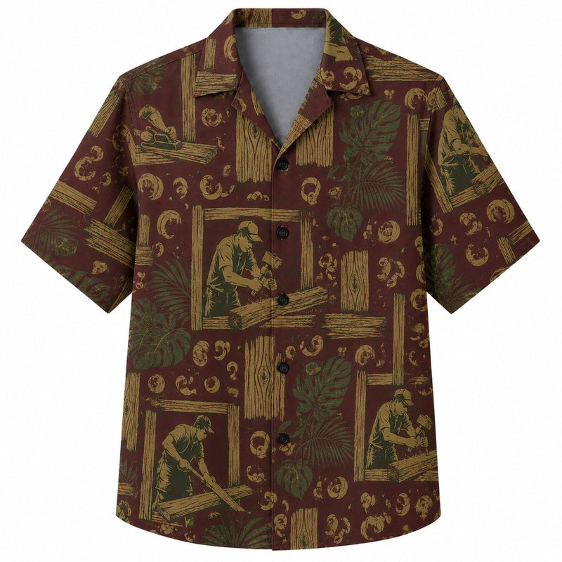 Labor Day Hawaiian Shirt- Carpenter at Work Panel Print for Everyday Wear