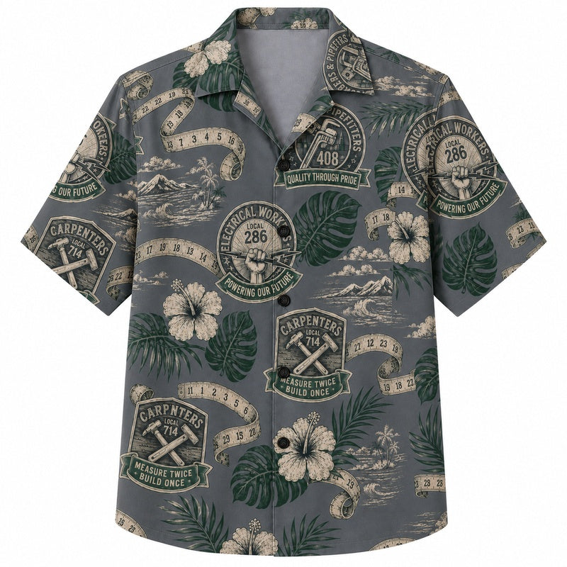Labor Day Hawaiian Shirt - Carpenter Crest & Hibiscus Print for Men