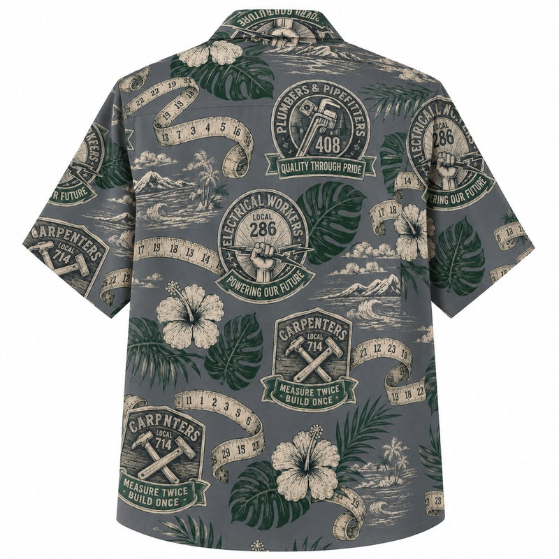 Labor Day Hawaiian Shirt - Carpenter Crest & Hibiscus Print for Men