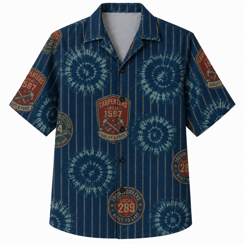 Labor Day Hawaiian Shirt- Carpenter Union Badge Print for the Weekend