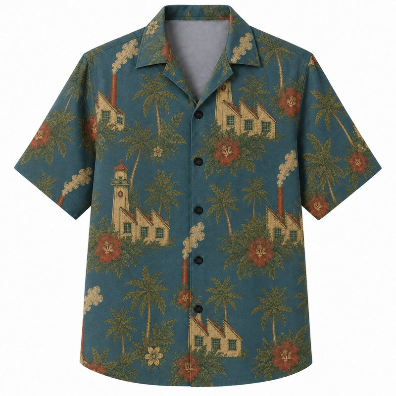 Labor Day Hawaiian Shirt- Coastal Lighthouse and Palm Print for Summer