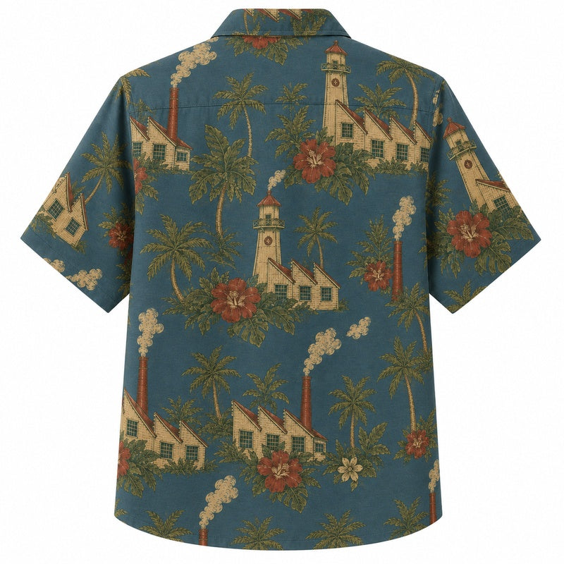 Labor Day Hawaiian Shirt- Coastal Lighthouse and Palm Print for Summer