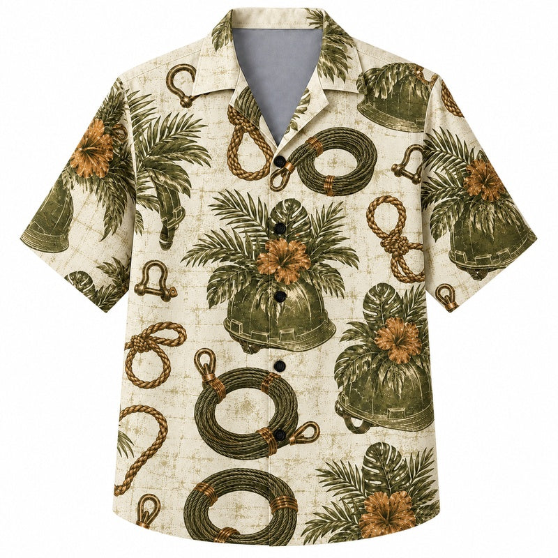 Labor Day Hawaiian Shirt- Coiled Rope and Orange Hibiscus Print for Summer