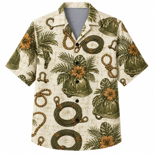 Labor Day Hawaiian Shirt- Coiled Rope and Orange Hibiscus Print for Summer