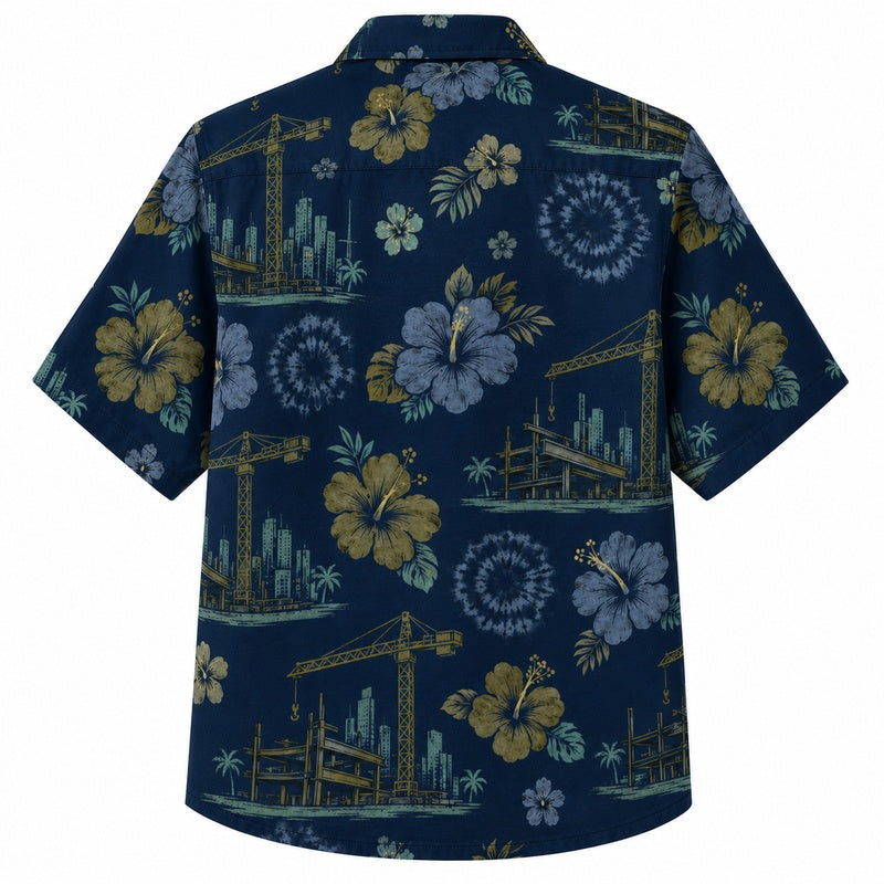 Labor Day Hawaiian Shirt- Construction Crane and Hibiscus Print for Workers