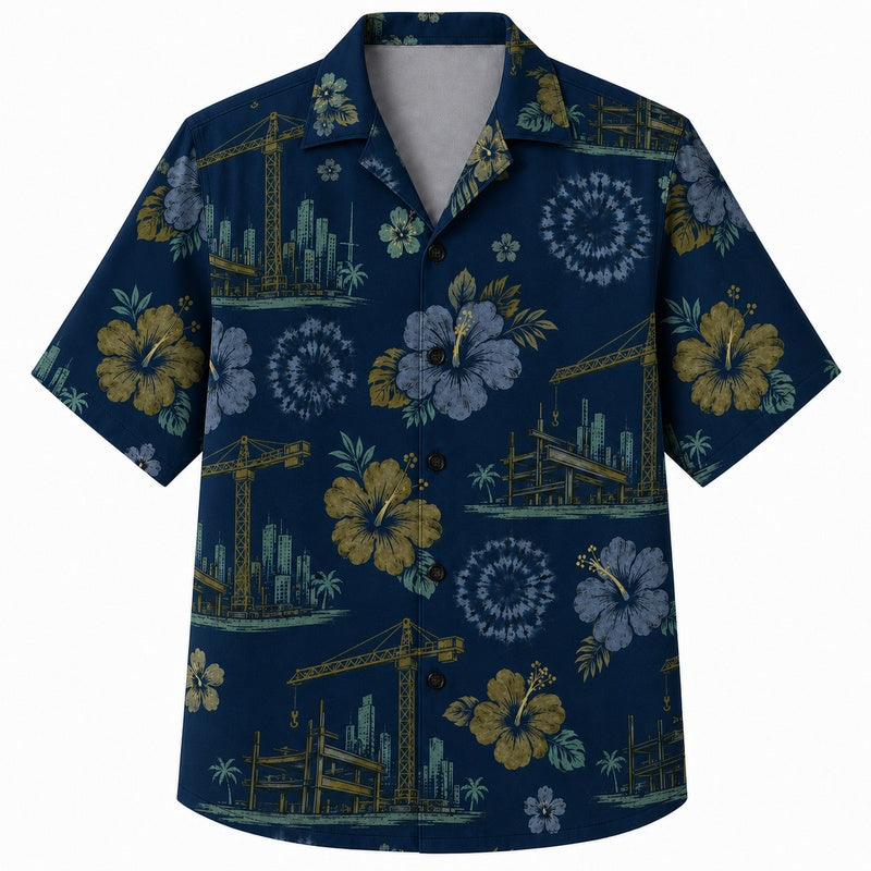 Labor Day Hawaiian Shirt- Construction Crane and Hibiscus Print for Workers
