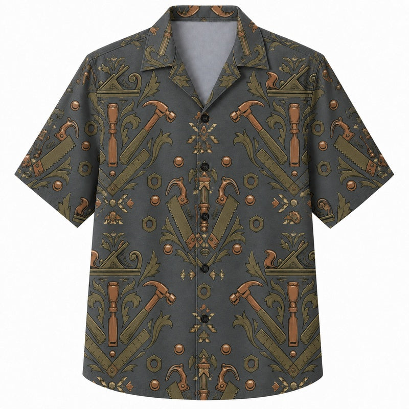 Labor Day Hawaiian Shirt- Copper Tool Damask Print for Everyday Wear