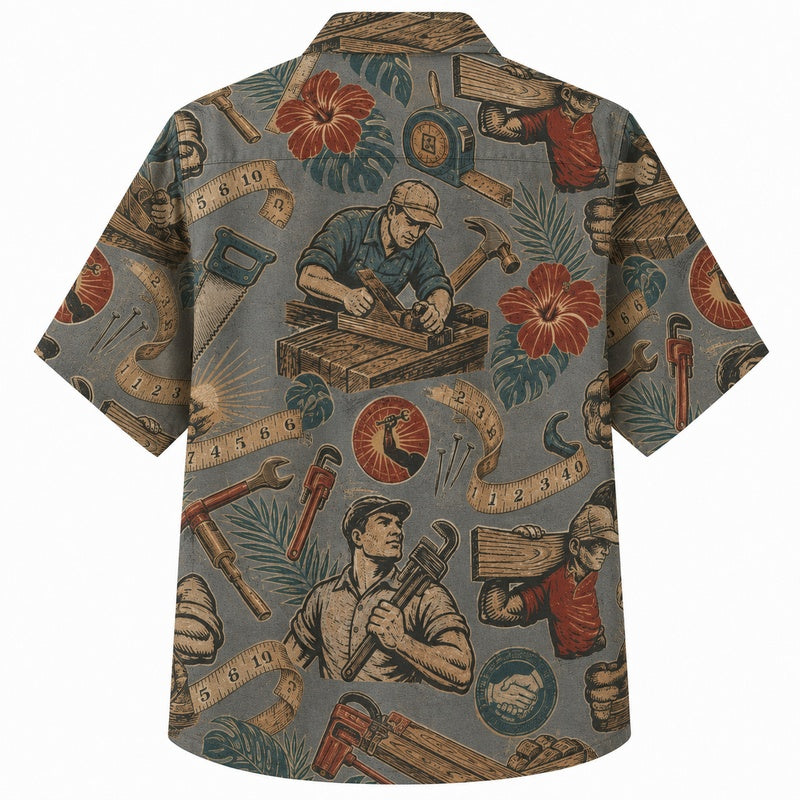 Labor Day Hawaiian Shirt- Craftsman at Work Print for the Long Weekend