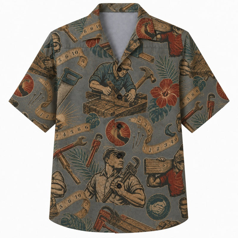 Labor Day Hawaiian Shirt- Craftsman at Work Print for the Long Weekend