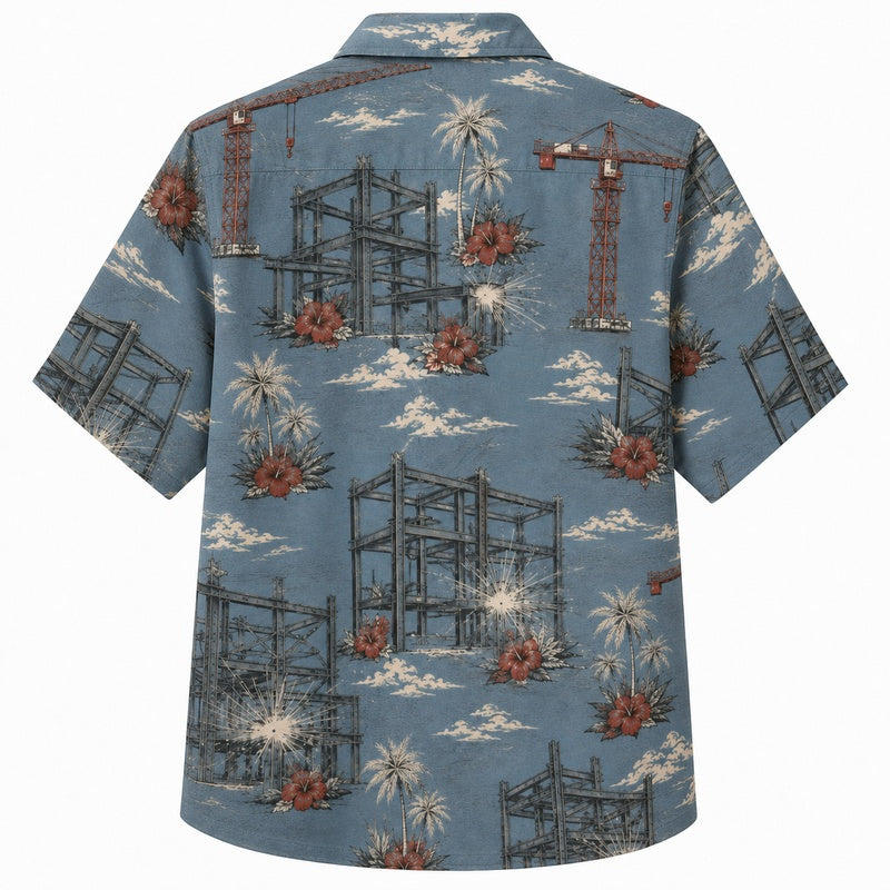 Labor Day Hawaiian Shirt- Crane and Steel Frame Print for Summer Days
