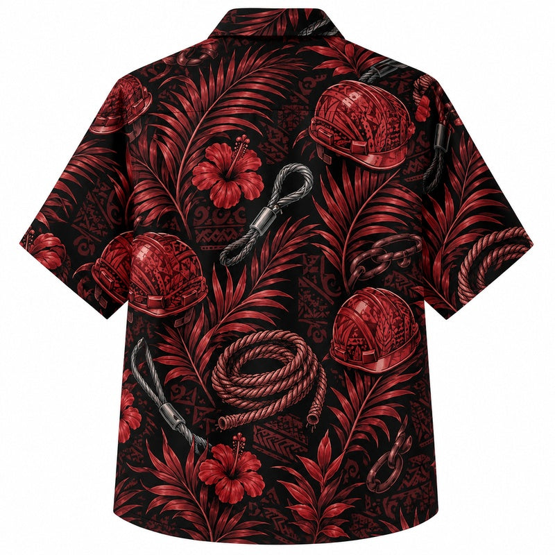 Labor Day Hawaiian Shirt- Crimson Hard Hat and Rope Print for Summer