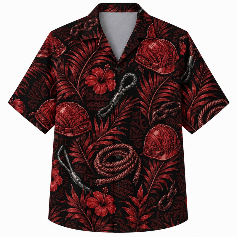Labor Day Hawaiian Shirt- Crimson Hard Hat and Rope Print for Summer