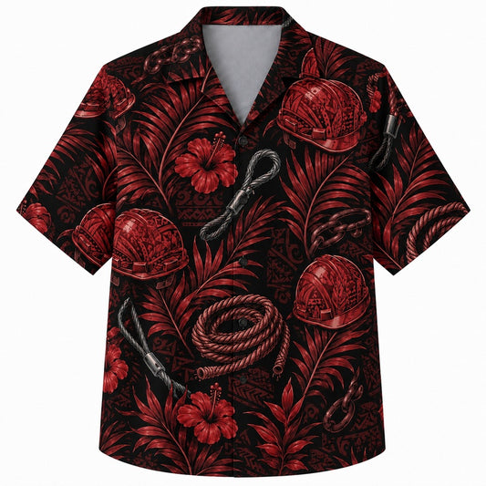 Labor Day Hawaiian Shirt- Crimson Hard Hat and Rope Print for Summer