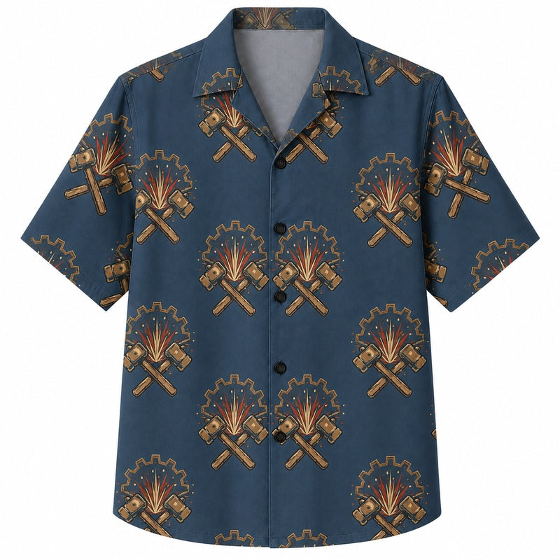 Labor Day Hawaiian Shirt- Crossed Axes and Firefighter Emblem