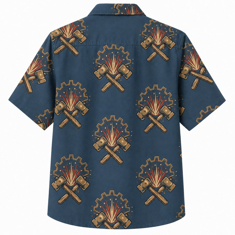 Labor Day Hawaiian Shirt- Crossed Axes and Firefighter Emblem