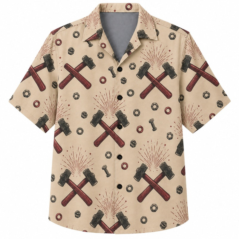 Labor Day Hawaiian Shirt- Crossed Hammers and Gears Print for Summer