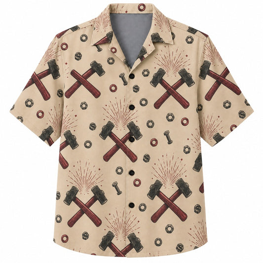 Labor Day Hawaiian Shirt- Crossed Hammers and Gears Print for Summer