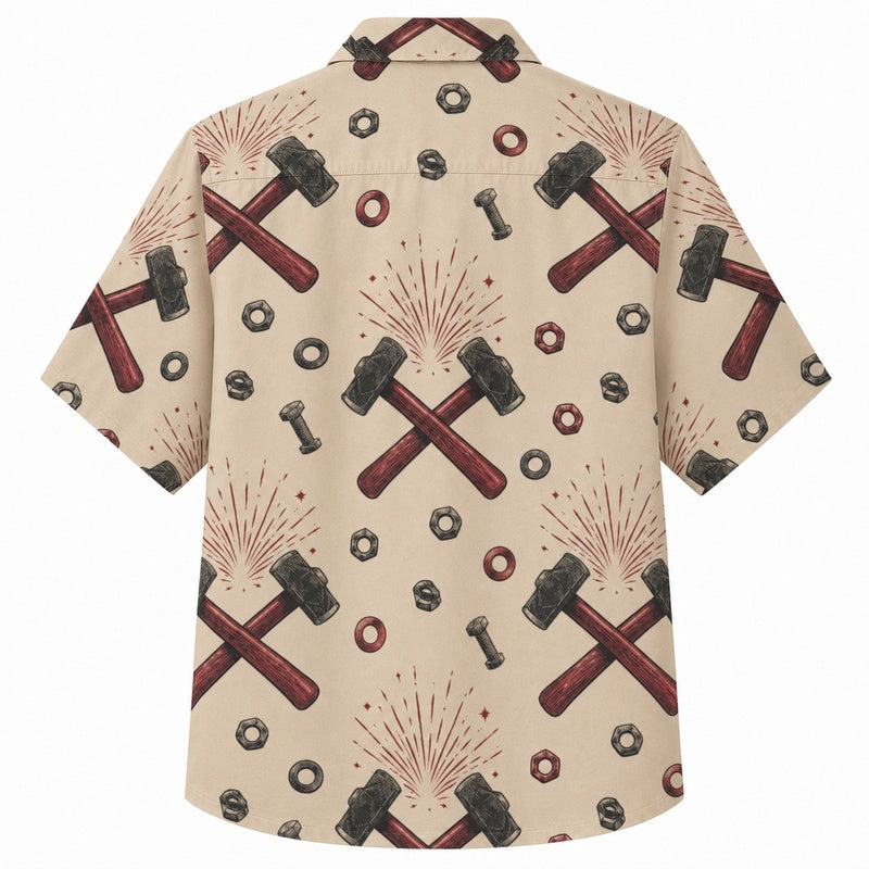 Labor Day Hawaiian Shirt- Crossed Hammers and Gears Print for Summer