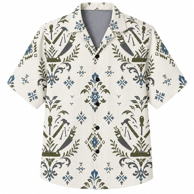 Labor Day Hawaiian Shirt- Damask Hammer and Wrench Print for Him