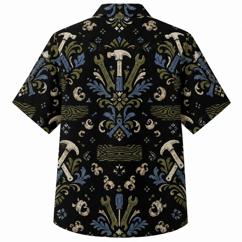 Labor Day Hawaiian Shirt- Damask Hammer Ornament Print for Workers