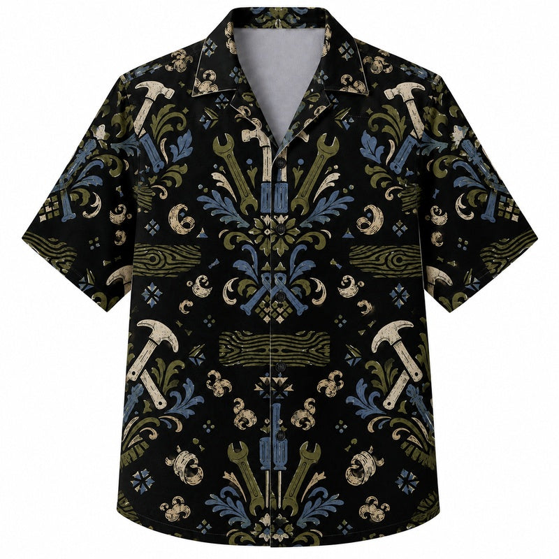 Labor Day Hawaiian Shirt- Damask Hammer Ornament Print for Workers