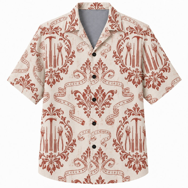 Labor Day Hawaiian Shirt- Damask Hammer Scroll Print for the Holiday