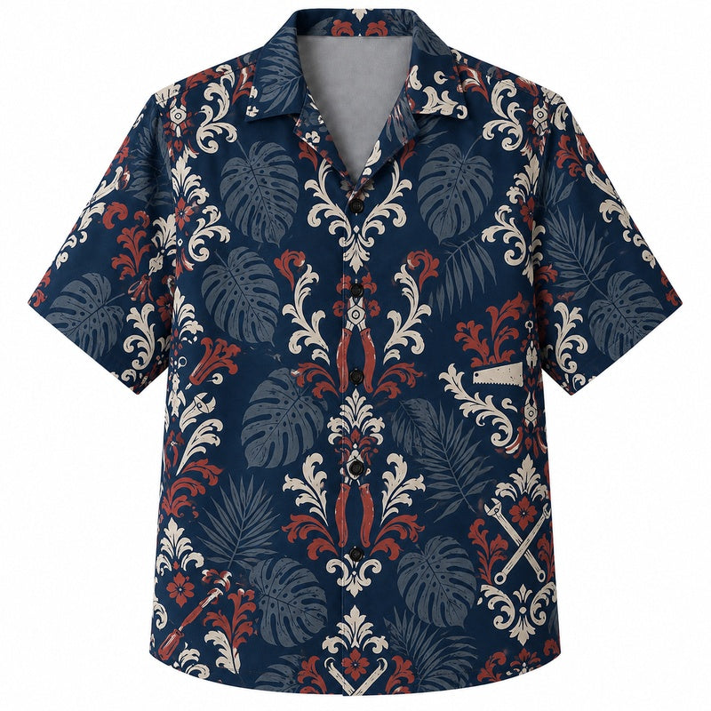Labor Day Hawaiian Shirt- Damask Wrench Bloom Print for the Weekend