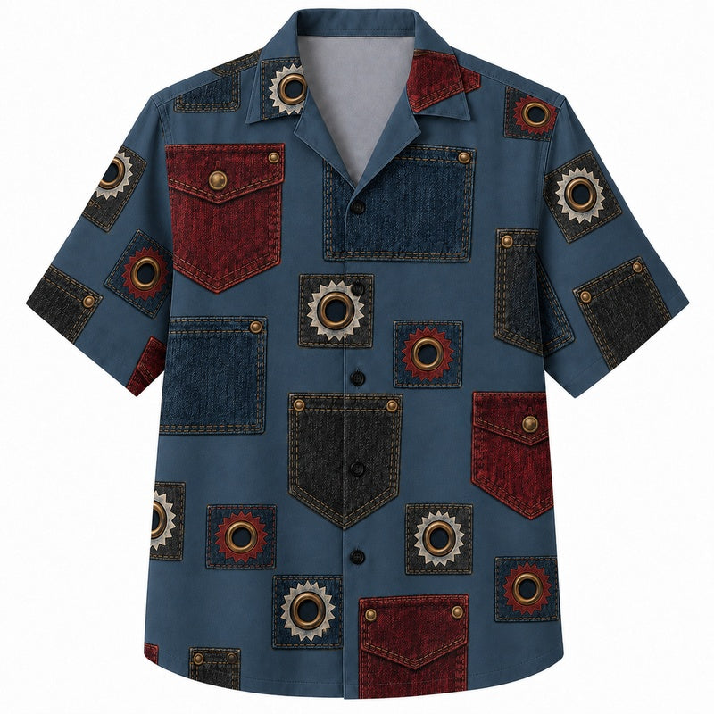 Labor Day Hawaiian Shirt- Denim Patch and Gear Panel Print for Summer