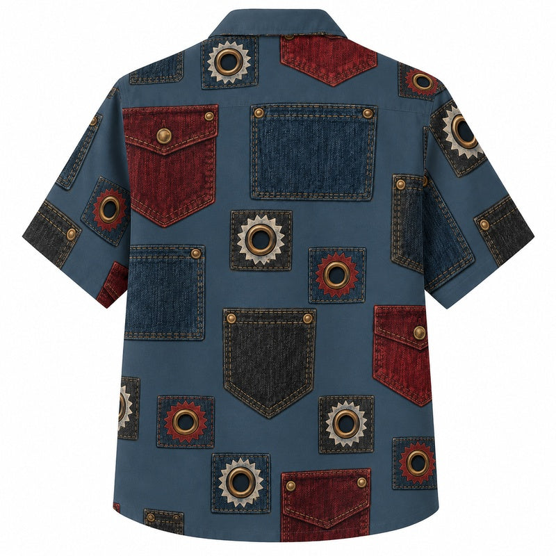 Labor Day Hawaiian Shirt- Denim Patch and Gear Panel Print for Summer