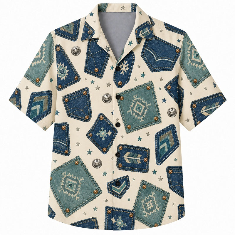 Labor Day Hawaiian Shirt - Denim Patch & Star Arrow Print for Men
