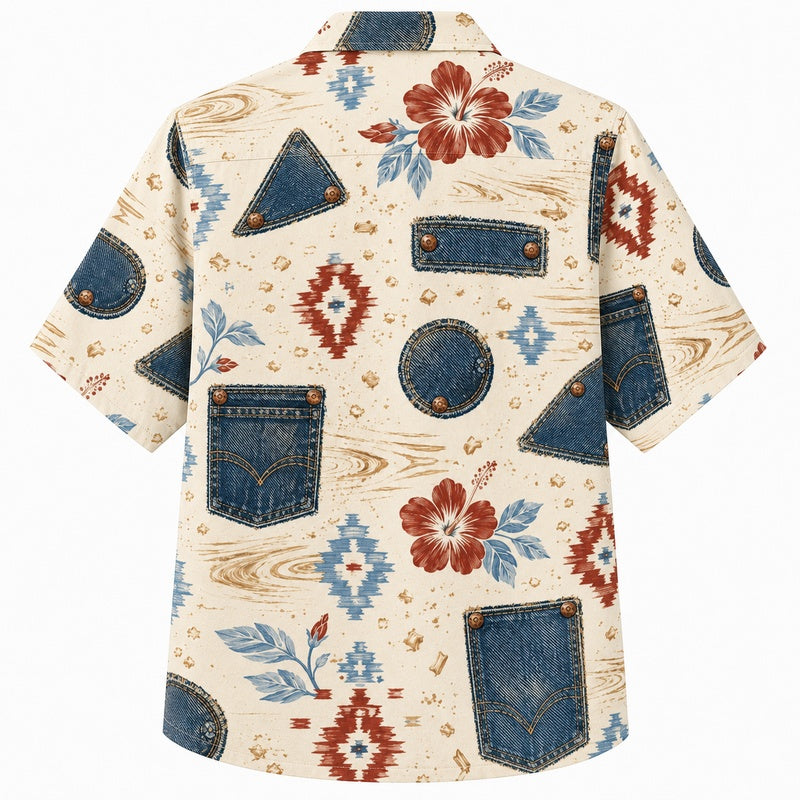 Labor Day Hawaiian Shirt- Denim Pocket and Hibiscus Print for Summer