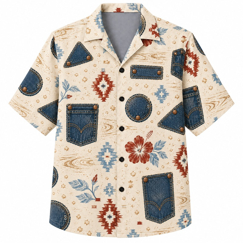 Labor Day Hawaiian Shirt- Denim Pocket and Hibiscus Print for Summer
