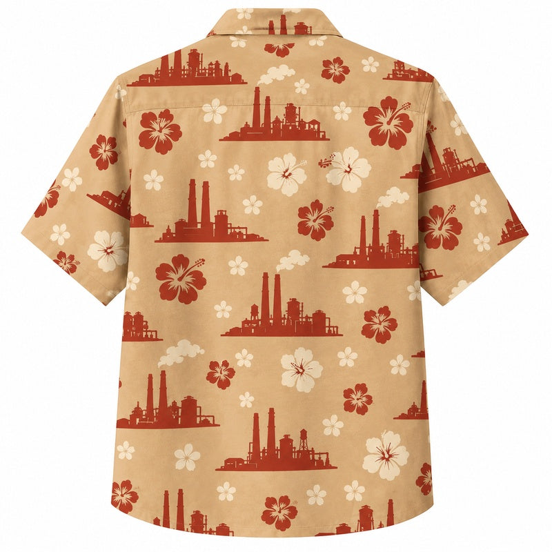 Labor Day Hawaiian Shirt- Factory and Hibiscus Print for Summer Days