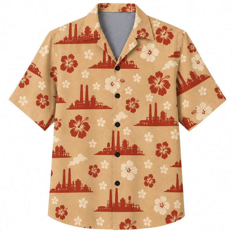 Labor Day Hawaiian Shirt- Factory and Hibiscus Print for Summer Days