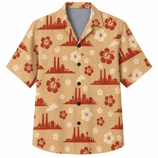 Labor Day Hawaiian Shirt- Factory and Hibiscus Print for Summer Days