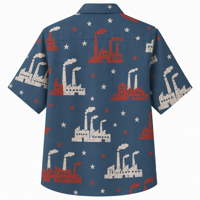 Labor Day Hawaiian Shirt- Factory Skyline and Star Print for the Holiday