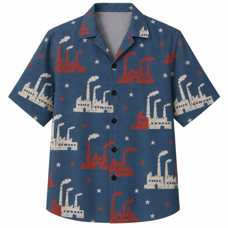 Labor Day Hawaiian Shirt- Factory Skyline and Star Print for the Holiday