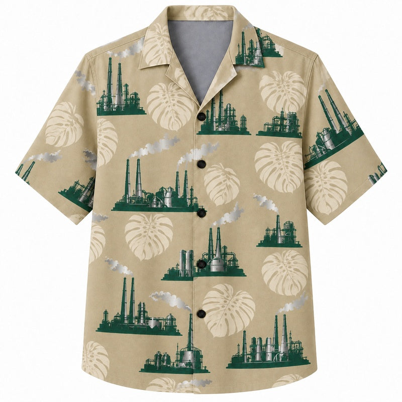 Labor Day Hawaiian Shirt - Factory Skyline & Monstera Print for Men