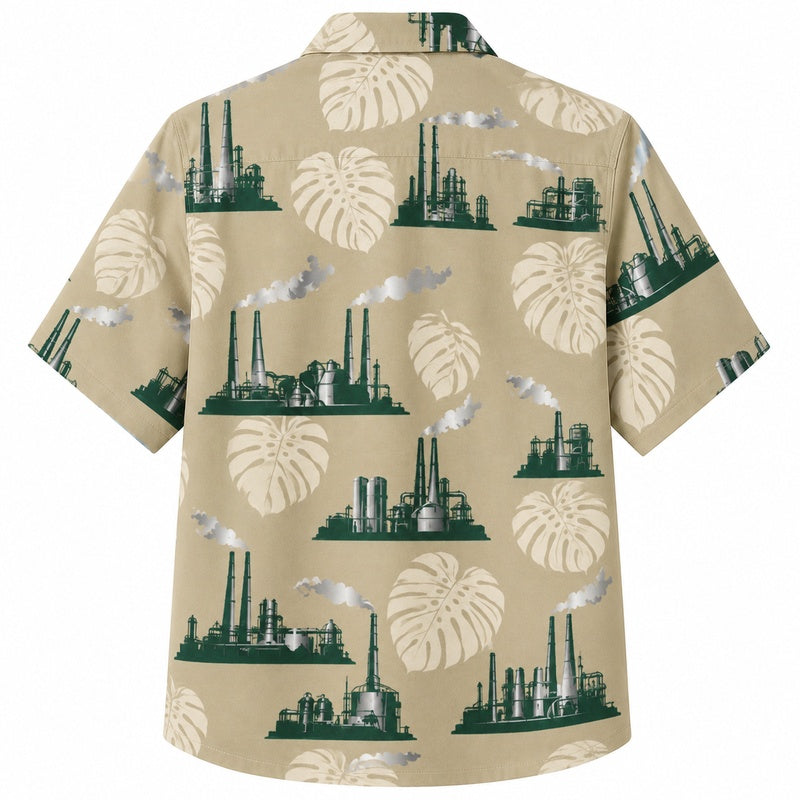 Labor Day Hawaiian Shirt - Factory Skyline & Monstera Print for Men