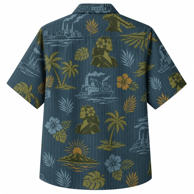 Labor Day Hawaiian Shirt- Factory Skyline Sunset Palm Print for Warm Days