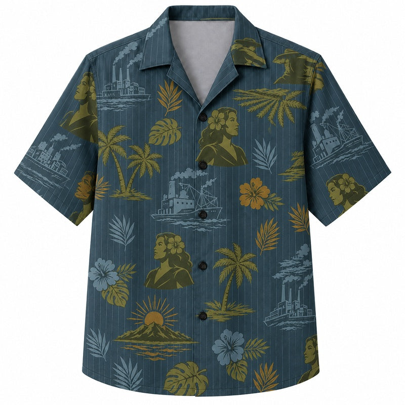 Labor Day Hawaiian Shirt- Factory Skyline Sunset Palm Print for Warm Days